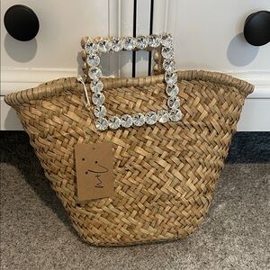 Woven Straw Tote Bag with Crystal Handle